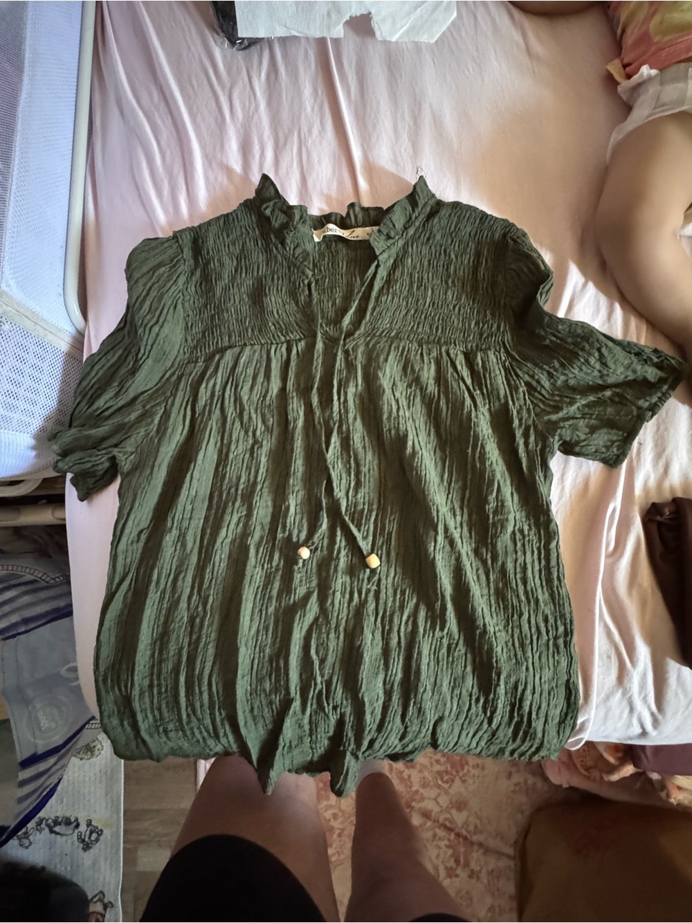 Liberty Love Olive Green Crinkled Short Sleeve Blouse